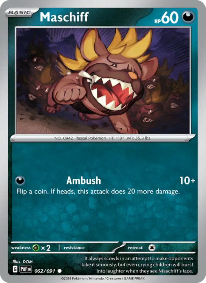 maschiff-common-paldean-fates-062-91-pokemon-karti.webp Maschiff - Reverse Holo Common - Paldean Fates - 062/91 - Pokemon Kartı - Görsel 1