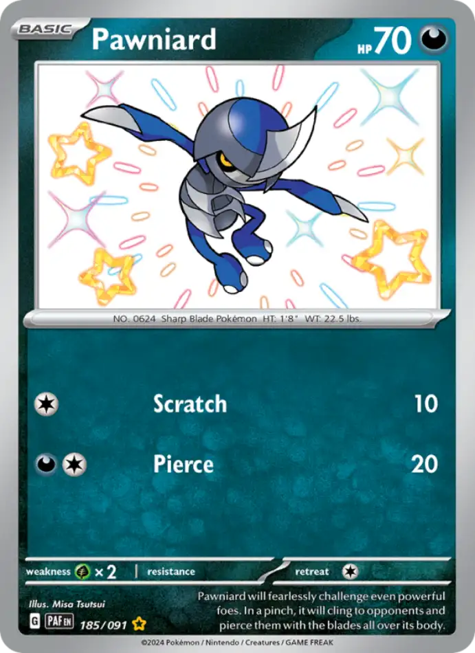 pawniard-paldean-fates-185-91-pokemon-karti.webp Pawniard - Shiny Rare - Paldean Fates - 185/91 - Pokemon Kartı - Görsel 1