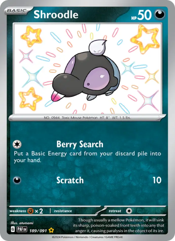 shroodle-paldean-fates-189-91-pokemon-karti.webp Shroodle - Shiny Rare - Paldean Fates - 189/91 - Pokemon Kartı - Görsel 1