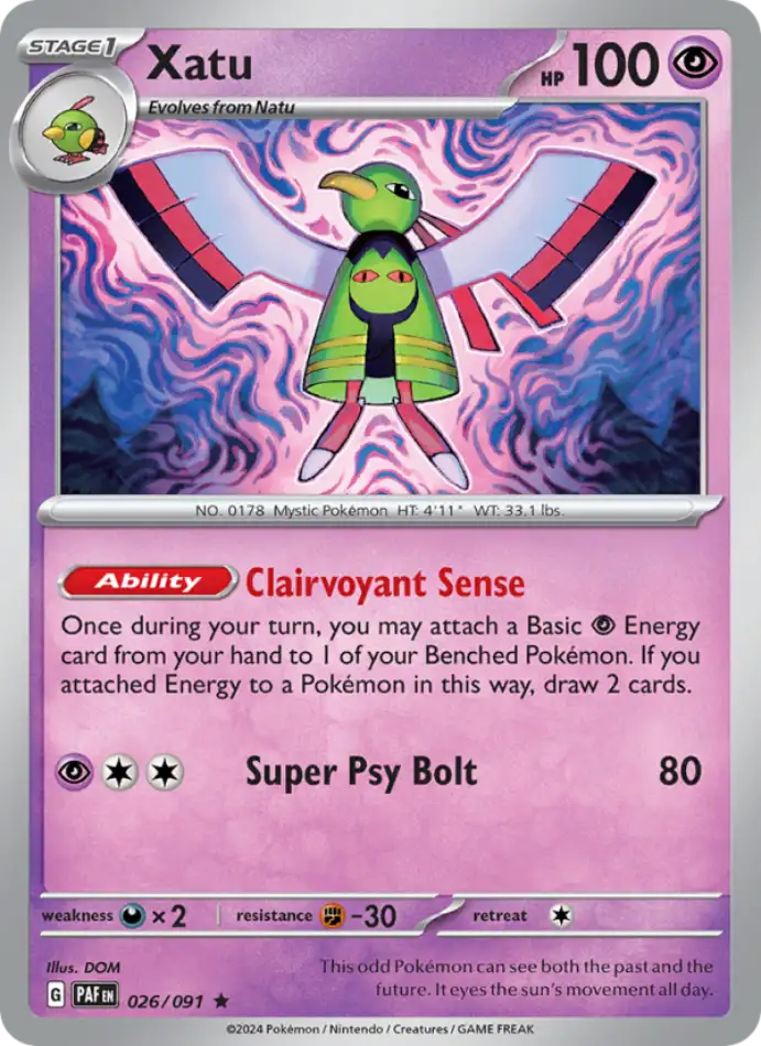 xatu-holo-rare-paldean-fates-026-91-pokemon-karti.webp Xatu - Reverse Holo Rare - Paldean Fates - 026/91 - Pokemon Kartı - Görsel 1