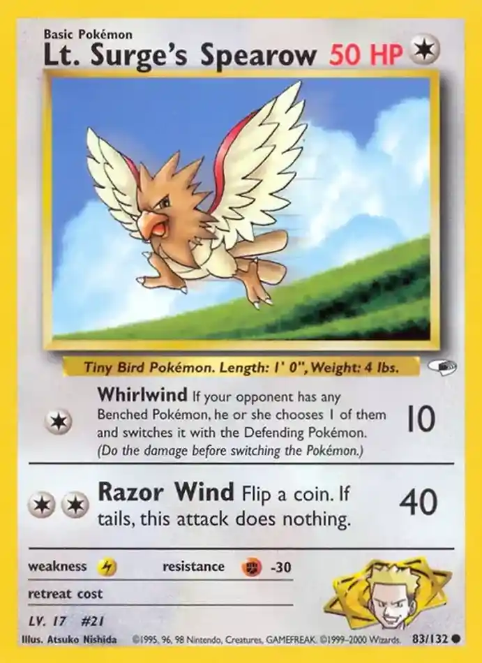 lt-surge-s-spearow-common-gym-heroes-083-132-pokemon-karti.webp Lt. Surge's Spearow - Common - Gym Heroes - 083/132 - Pokemon Kartı - Görsel 1